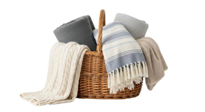 Cozy woven basket filled with soft, warm blankets and throws