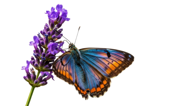 Vibrant blue and orange butterfly on purple lavender blossom