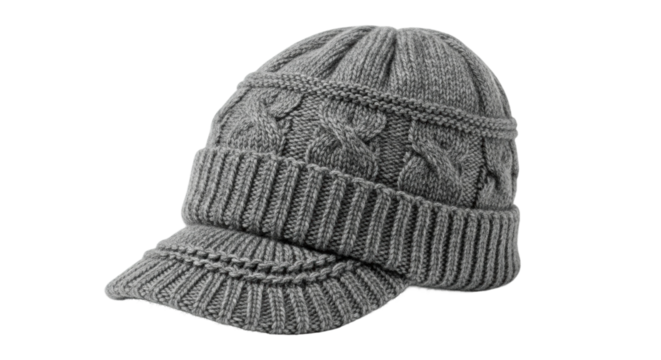 Gray cable knit winter cap with visor for cold weather accessory
