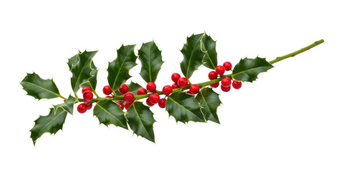 Green holly branch with red berries on black background