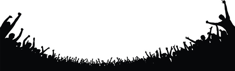 Obraz premium Silhouette crowd of cheering people raising hands in celebration, forming a dynamic border design for event, festival, party, or concert background artwork.
