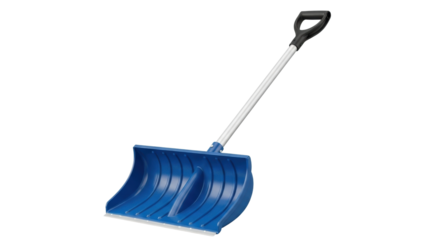 Blue plastic snow shovel with metal handle on white background