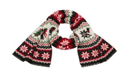 Festive winter scarf with red and white snowflake patterns on black background