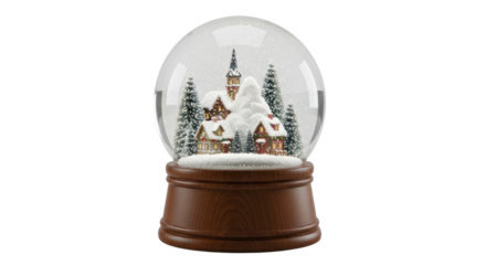 Charming snow globe with winter village scene and pine trees
