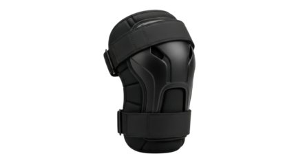 Black protective knee pad with adjustable straps on black background