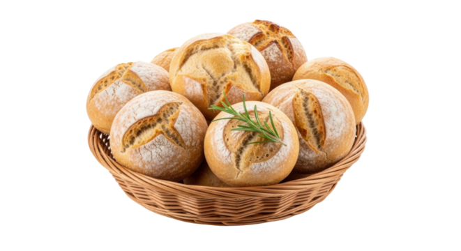 Freshly baked crusty round breads in a woven basket with rosemary garnish