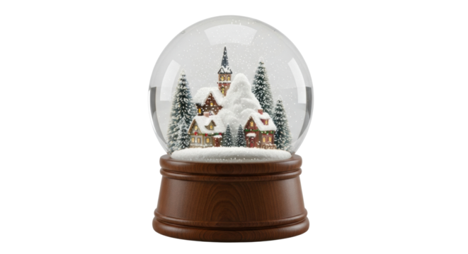 Charming snow globe with winter village scene and pine trees