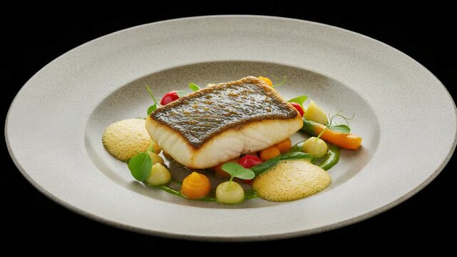 Culinary delight: Exquisite cod fillet presentation on a bed of fresh seasonal vegetables