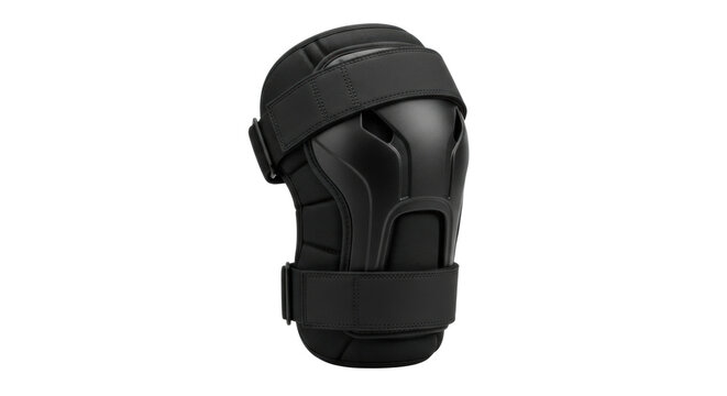 Black protective knee pad with adjustable straps on black background