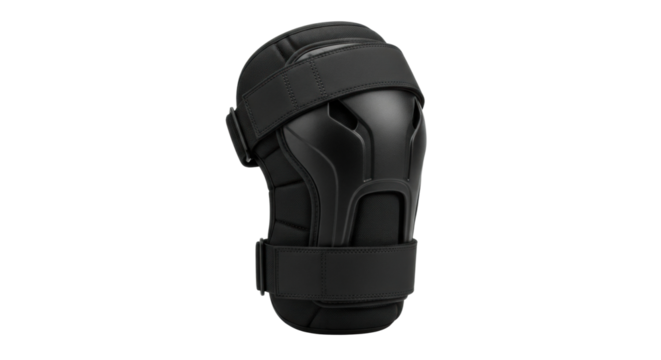 Black protective knee pad with adjustable straps on black background