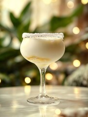 A creamy pina colada cocktail with pineapple pieces in a glass.