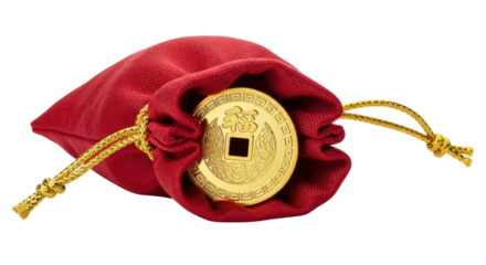 Golden feng shui coin in red pouch with drawstrings