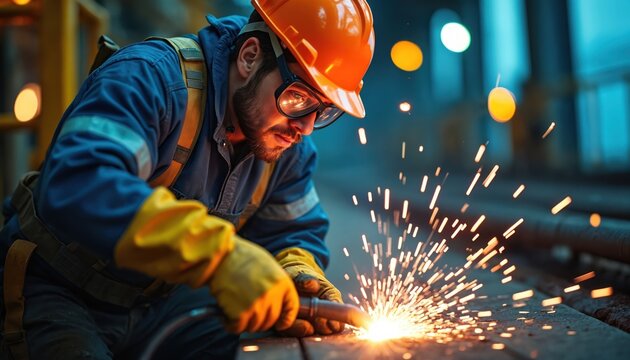 Skilled man welds metal, creating bright sparks in industrial setting. Worker wears orange hard hat, protective goggles, blue uniform, yellow gloves for safety. Performs heavy manual labor on
