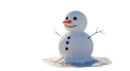 Cheerful snowman with carrot nose melting in sunlit snow