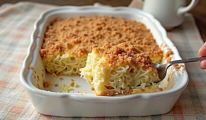 Delicious homemade kugel with crumbly topping in white baking dish