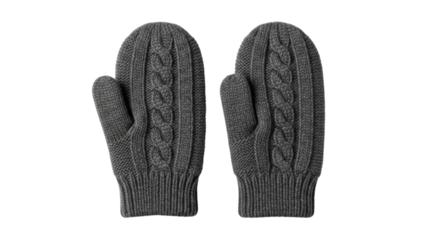 Cozy gray wool mittens with cable knit design on black background