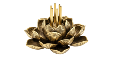 Brass lotus incense holder with multiple sticks on black background