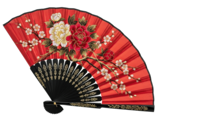 Elegant red asian floral fan with gold accents on black background