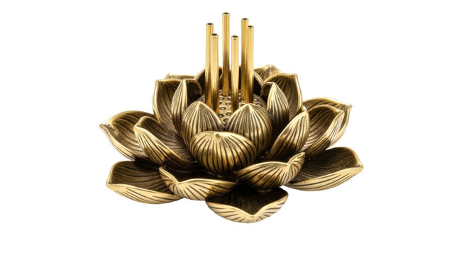 Brass lotus incense holder with multiple sticks on black background
