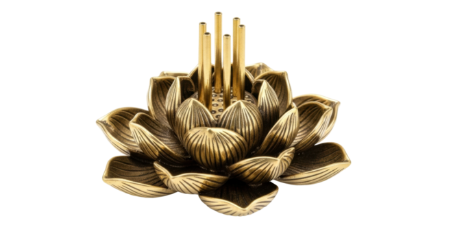 Brass lotus incense holder with multiple sticks on black background