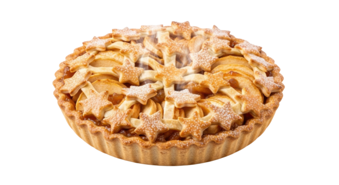 Golden apple pie with star-shaped crust and steam rising