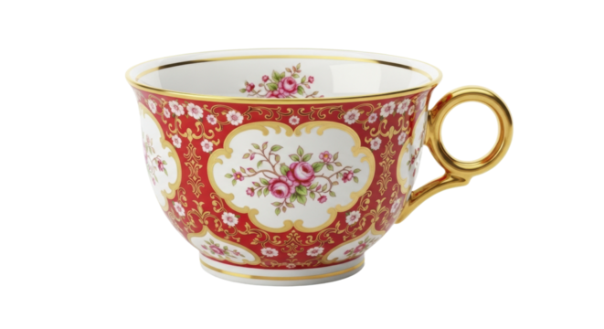 Elegant vintage porcelain teacup with red floral and gold detailing