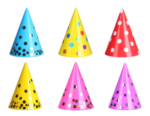 Assortment of Colorful Party Cones with Polka Dots on a Transparent Background
