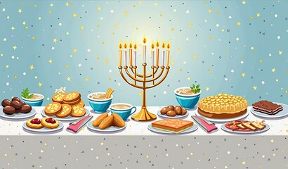 Festive hanukkah table with menorah and traditional jewish desserts