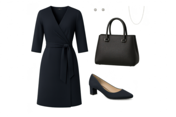 Blue wrap dress, handbag, shoes, jewelry, isolated on clear background.