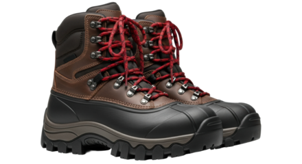 Rugged brown and black hiking boots with red laces on white background