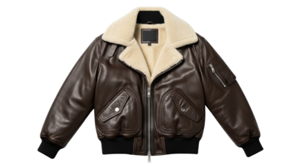 Brown leather shearling jacket with pockets and zipper