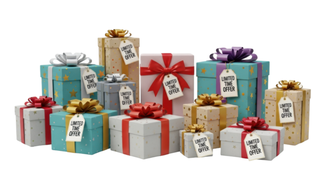 Colorful gift boxes with limited time offer tags in various sizes