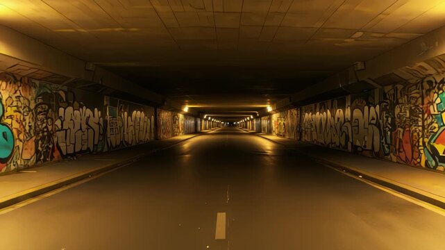 Illuminated Underpass: Urban Artistry and Infrastructure with Vivid Graffiti Murals and warm light