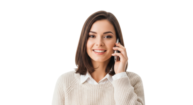 Smiling young caucasian female on phone call with short brown hair in sweater