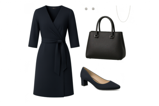 Blue wrap dress, handbag, shoes, jewelry, isolated on clear background.