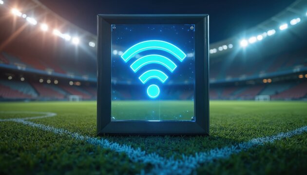 Digital screen on soccer field displays glowing WiFi symbol. Stadium with green grass, white lines. Illuminated arena with empty seats in background. Modern technology in sports venue. Wireless