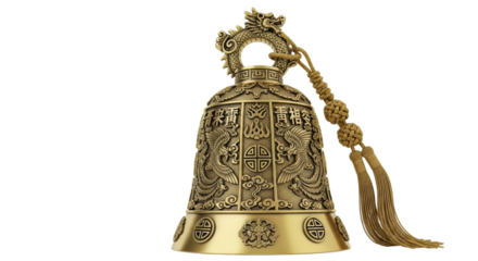 Intricately designed golden dragon bell with chinese symbols and tassel