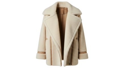Stylish beige faux shearling coat with wide lapels and open front design