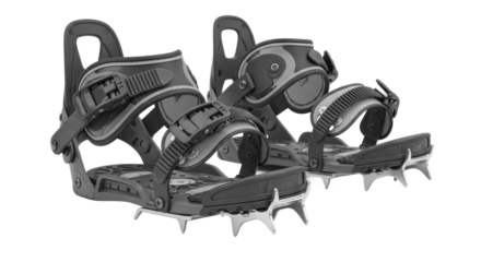 Black snowboard bindings with adjustable straps and metal spikes for enhanced grip