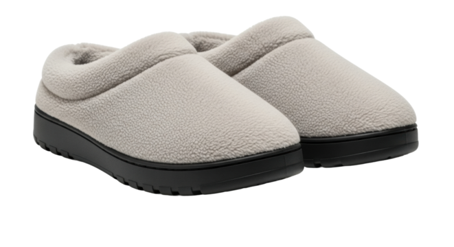 Cozy grey fleece slippers with black soles for comfortable indoor wear