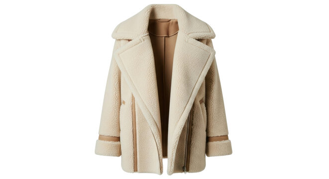 Stylish beige faux shearling coat with wide lapels and open front design