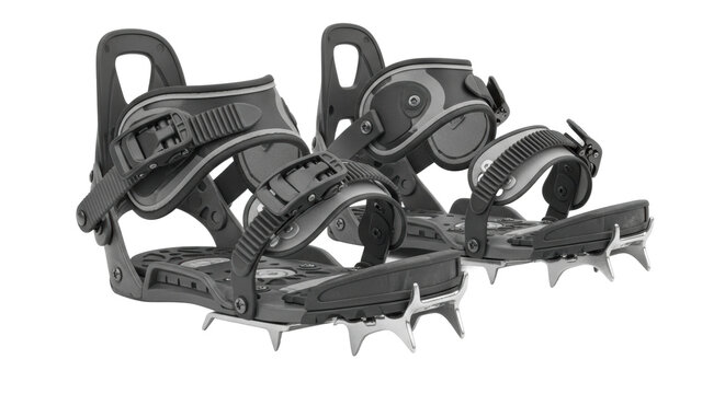 Black snowboard bindings with adjustable straps and metal spikes for enhanced grip