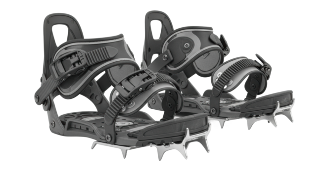 Black snowboard bindings with adjustable straps and metal spikes for enhanced grip