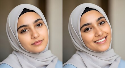 A close-up portrait of a young woman wearing a light gray hijab and smiling warmly, showcasing her natural beauty and confidence in a bright indoor setting