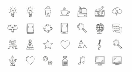Fototapeta premium Collection of hand drawn icons including technology, office, and other miscellaneous objects