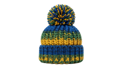 Colorful knit winter hat with pom-pom in blue, yellow, and green stripes