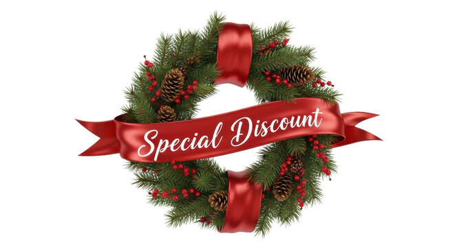 Festive christmas wreath with red ribbon and special discount message