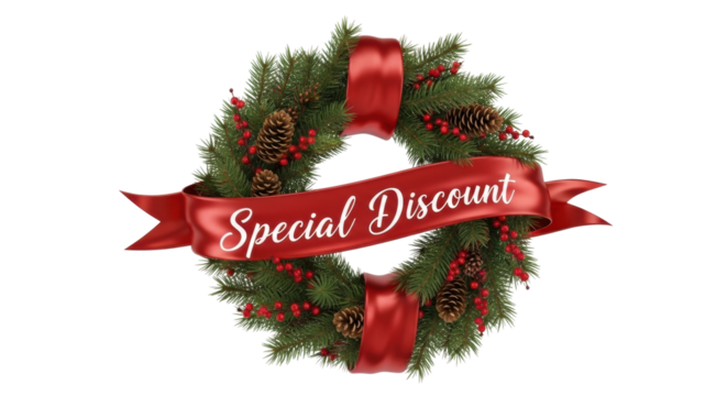Festive christmas wreath with red ribbon and special discount message