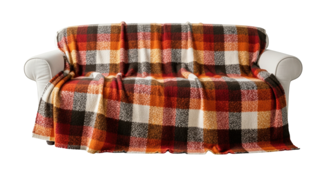 Cozy autumn plaid blanket draped over white sofa for warmth and comfort