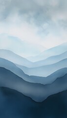 Fototapeta premium Serene blue mountainscape watercolor art evokes calm atmospheric landscapes and peaceful skies